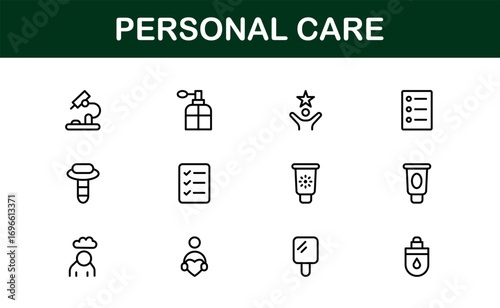 Outline icons for personal care, hygiene, and grooming products. Enhance professional branding with modern, premium, and wellness-focused graphic visuals.