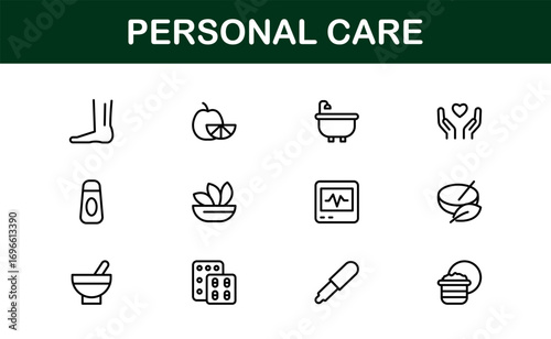 Premium linear personal care icons for hygiene and grooming. Perfect for apps, websites, and presentations with clean, minimal, and professional self-care visuals.