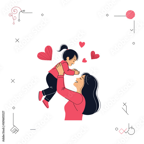 Joyful mother lifting her child in the air surrounded by hearts celebrating love and family bonds