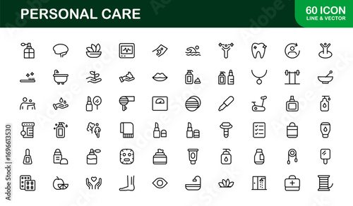 Personal care icons in flat design for wellness and beauty projects. Enhance professional branding, websites, and apps with premium visuals focused on hygiene, health, and self-care.