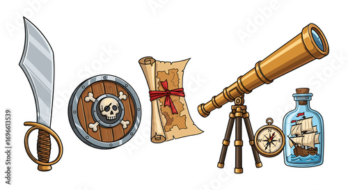Nautical pirate themed objects set against white background