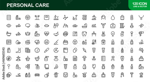 Personal Care Line Icon Set – Modern Minimalist Vector Icons for Skincare, Hygiene, Wellness, and Grooming Essentials