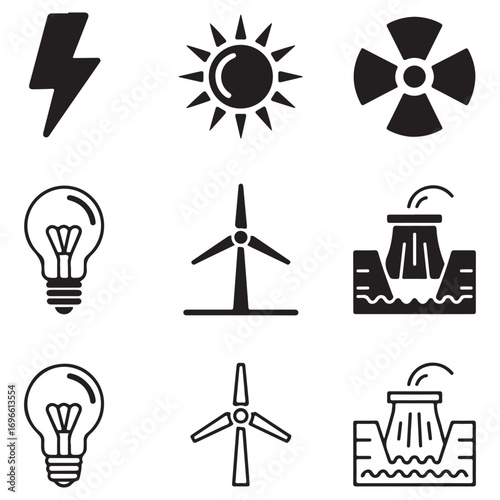 Nine icons representing energy sources and power generation including lightning bolt sun nuclear symbol light bulb wind turbine and hydroelectric dam Keywords: icon set energy power electricity