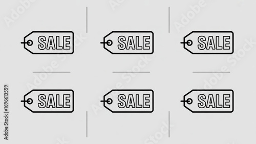 Six sale tags arranged in a grid pattern with simple black outlines on a light gray background image