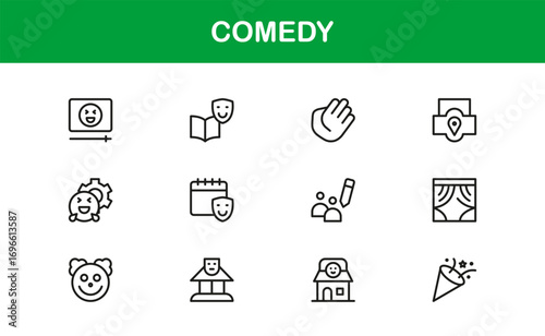 Minimal flat comedy icons for humor and entertainment tools. Perfect for websites, apps, and professional projects with clean and laughter-focused graphics.