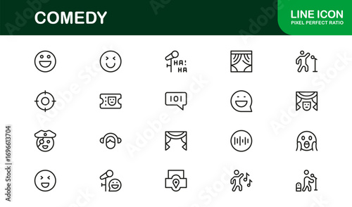 Outline comedy icons pack for entertainment professionals. Boost branding and humor projects with premium, clean, and versatile laughter-focused visuals.