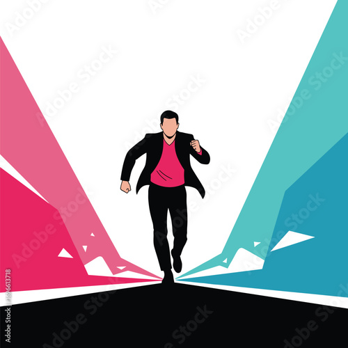 Man in suit running through colorful abstract shapes dynamic motion and forward momentum