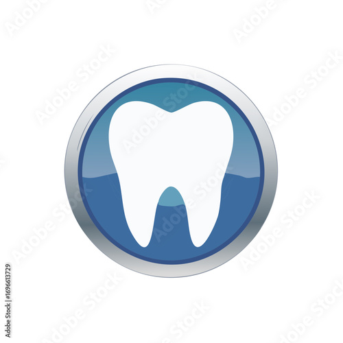 Shiny blue circular icon with white tooth symbol for dentistry and healthy teeth
