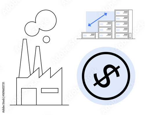 Factory emitting smoke, chart with growing stacks of servers indicating growth, and dollar sign in a circle. Ideal for industry, growth, economy, manufacturing, business finance investment. Flat