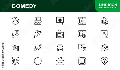 Linear comedy icons for entertainment and humor projects. Perfect for modern apps, websites, and presentations with minimal, clean, and premium-quality graphics.
