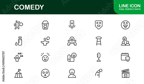 Outline comedy icons for humor, entertainment, and fun design. Enhance branding, professional projects, and presentations with clean and premium visual assets.