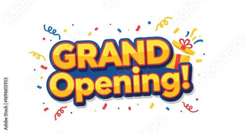 Celebratory Grand Opening Announcement with Festive Confetti and Exciting Visuals for New Business Launch