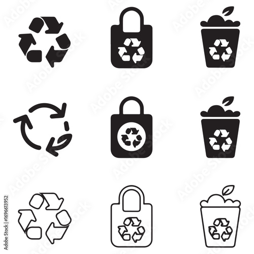 Recycling and Sustainability Icons Set with Recycle Symbols Shopping Bags and Bins Keywords: recycle, recycling, sustainability, eco, environment, green, nature, waste, trash, bin, bag, symbol