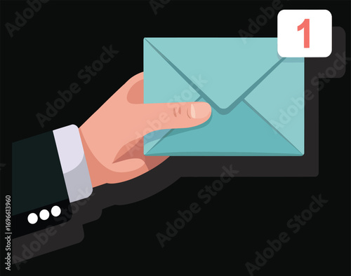 Hand in suit holding a light blue envelope with a notification indicator above it