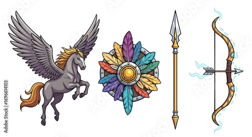 Mythical creature and weapons: Cartoon elements for fantasy games and designs.