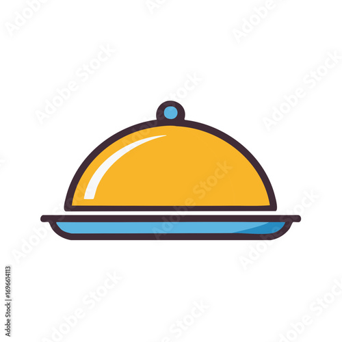 Golden domed food cloche cover on a blue serving plate icon illustration