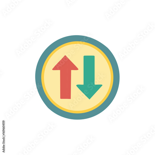 Up and Down Arrows in a Round Graphic. Directional Movement. Red and Green Indicating Rise and Fall.