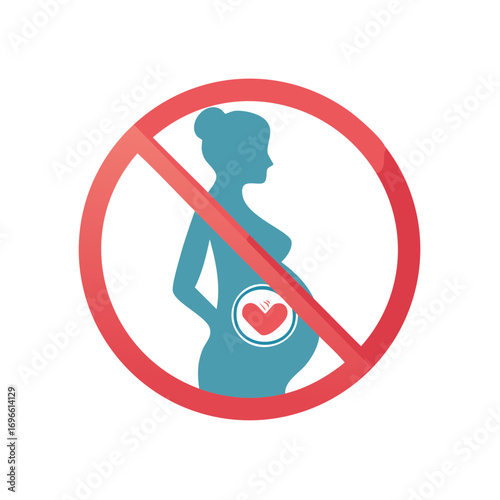 Prohibition Symbol with Pregnant Woman Silhouette and Beating Heart