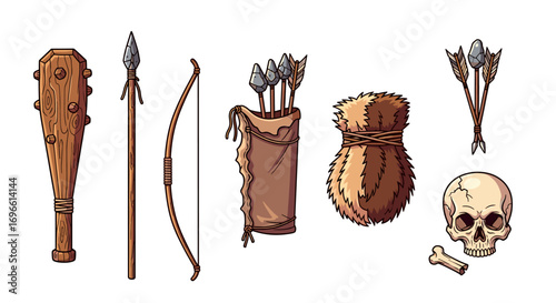 Primitive hunting gear and skeletal remains on a clean white background
