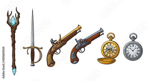 Cartoon Rendering of Assorted Medieval Era Weaponry and Timekeeping Devices