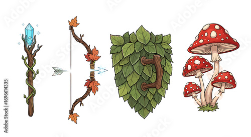 Fantasy Forest Elements: A Crystal Staff, Bow and Arrow, Shield and Mushrooms
