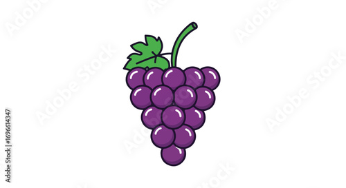 Illustration of a bunch of vibrant purple grapes with a green leaf and stem on a clean white background emphasizing fruit freshness