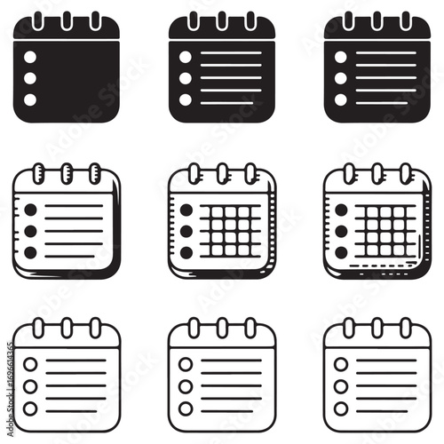 Set of calendar and list icons in solid and outline styles Keywords: calendar icon, date icon, schedule icon, planner icon, to do list icon, checklist icon, task list icon, appointment icon, event