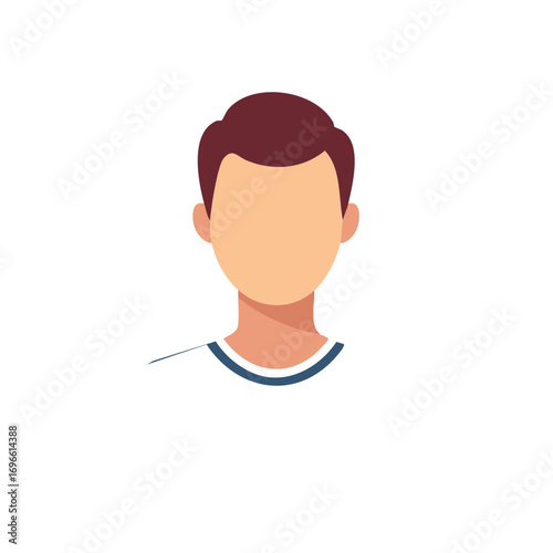 Abstract illustration of a person's face with maroon hair and a blue-striped shirt