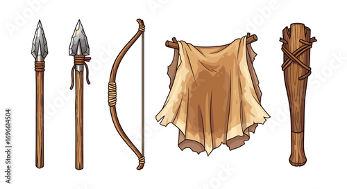 Stone Age Weaponry and Tools: Bows, Arrows, Hide, and Club