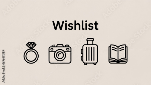 A wishlist graphic showing a ring, camera, suitcase, and book in black outline on a light background