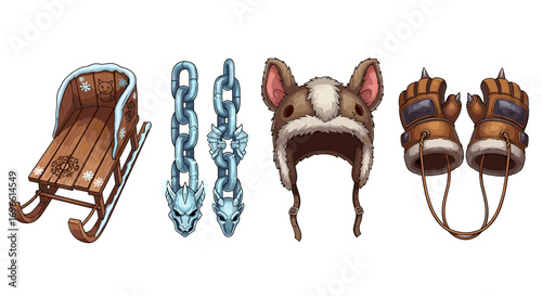 Winter Items: Cozy Sled, Dragon Chains, Dog Hat, Spiked Gloves