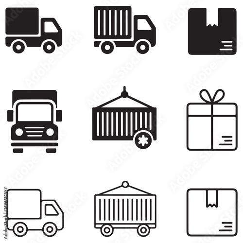 Set of delivery and shipping icons featuring trucks shipping containers and boxes in solid and outline styles Keywords: delivery, shipping, logistics, transport, truck, lorry, van, container