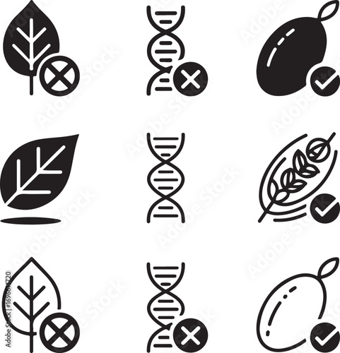 Set of Icons Representing Non- GMO Food and DNA Testing Keywords: non gmo, gmo free, organic, leaf, dna, helix, gene, genetic modification, testing, analysis, science, research, laboratory