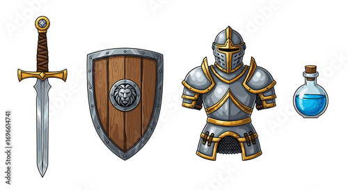 Knight's Armory: Sword, Shield, Armor, and Potion Ready for Battle
