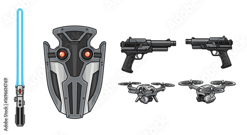 Sci-fi Gear Set with Futuristic Weapons, Shield and Drones Illustration