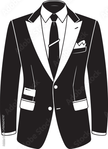 Elegant Black Tuxedo with White Shirt, Tie, and Pocket Square - Formal Attire Illustration