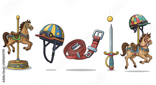 Playful Carousel Dream: Whimsical Objects on a White Background