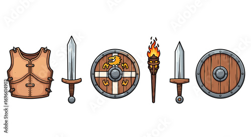 Cartoon medieval arms and armor elements isolated on white backdrop