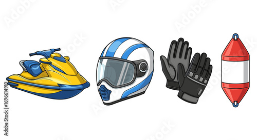 Illustrated Jet Ski Equipment with Buoy on White Backdrop
