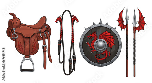 Fantasy themed saddle, bridle, shield and spears with dragon design