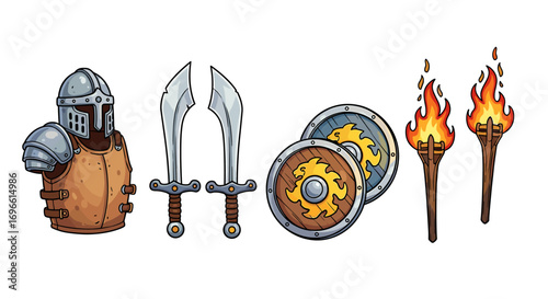 Cartoon Knight Gear: Armor, Swords, Shields, and Torches Composition