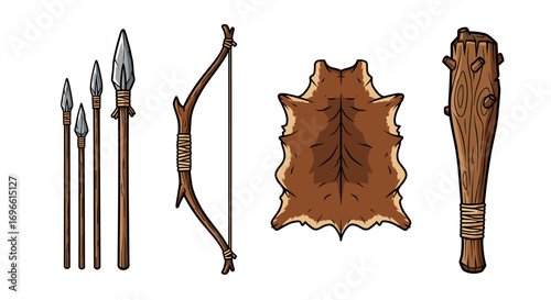 Cartoon Stone Age Weapons and Hide on a White Background