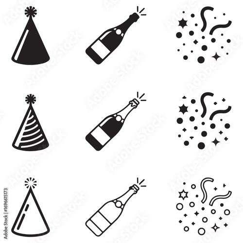 Set of party celebration icons with hats champagne bottles and confetti in solid and outline styles Keywords: party, celebration, birthday, anniversary, event, festive, holiday, fun, joy, happy