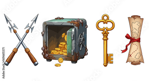 Treasure Hunt Cartoon Elements: Map, Key, Safe, Spears in Isolation