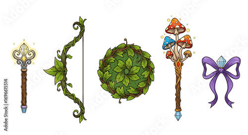 Enchanted Forest Elements: Whimsical Fantasy Objects on Clean White Background