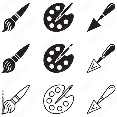 Set of three artistic tools including paint brushes palettes and trowels in solid and outline styles Keywords: art, artistic, artist, brush, paintbrush, paint, palette, color, mixing, trowel