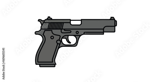 Illustration of a semi-automatic pistol with detailed design elements emphasizing firearm structure and components in a simplified graphic style for