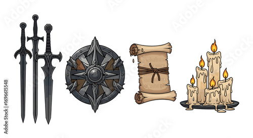 Fantasy still life with swords, shield, scroll, and burning candles