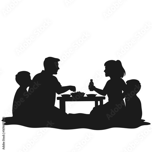Family picnic silhouette with parents and two children eating Keywords: family, picnic