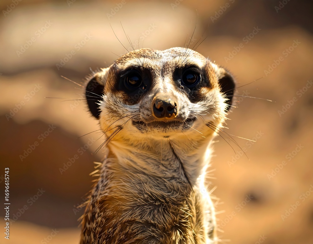 Fototapeta premium Close-up portrait of a meerkat, showcasing its expressive face and intricate fur patterns in a warm, natural setting.